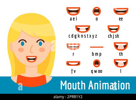 Kit de synchronisation de la bouche pour l'animation de la prononciation sonore. Collection de formes de bouche de phonème d'une femme blonde avec des yeux bleus et des lèvres rouges. Avatar parlant Banque D'Images