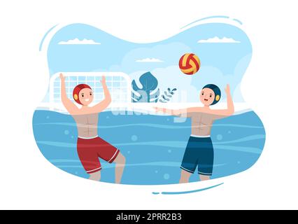 Water Polo Sport joueur jouant pour lancer le ballon sur le but de l'adversaire dans la piscine en dessin à plat dessin à la main modèles Illustration Banque D'Images