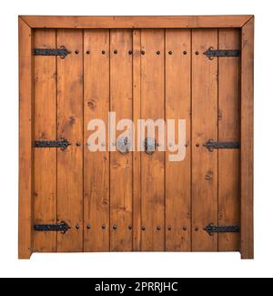 grande porte de grange double en bois d'époque à texture bois brun et poignée métallique et boulons isolés sur blanc Banque D'Images