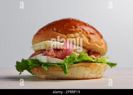 Photo de hamburger au foyer doux avec mozzarella, bacon et œuf frit. Banque D'Images