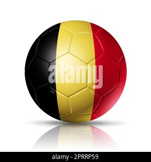 Ballon de football 3D avec drapeau de l'équipe belge. Isolé sur blanc avec passe-cheveux. Football 2022. Illustration Banque D'Images