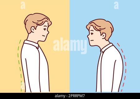 Comparaison de l'homme avec la bonne et mauvaise posture de dos. Les hommes souffrent de scolisose du travail sédentaire. Illustration vectorielle. Banque D'Images