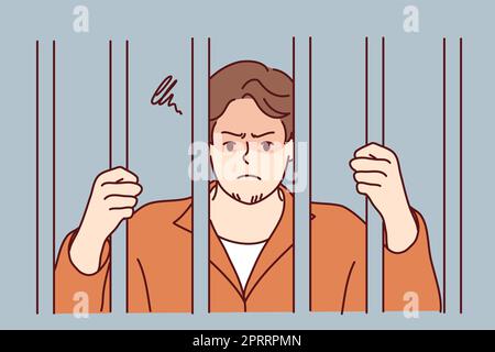 Homme malheureux en robe derrière les bars en prison. Criminel masculin en colère emprisonné pour crime ou délit. Emprisonnement et peine. Illustration vectorielle. Banque D'Images