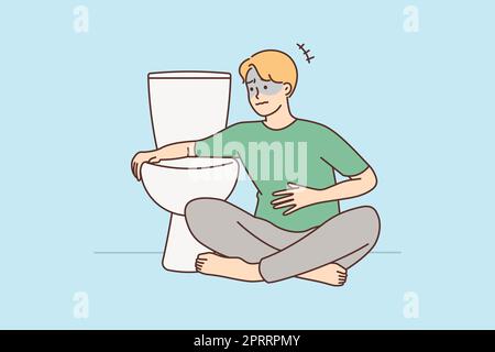 Un homme malsain s'assoit près des toilettes se sentant malade. Un gars mal à l'aise se sent mal à la nausée veut vomir en WC. Concept de soins de santé. Illustration vectorielle. Banque D'Images