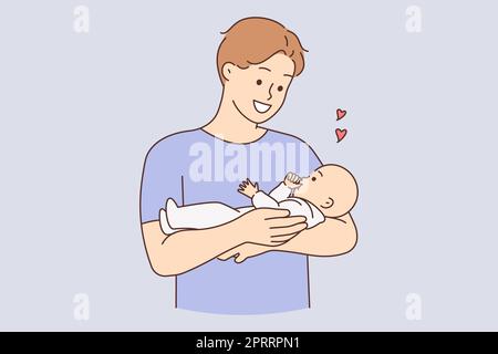 Jeune père souriant tenant bébé dans les bras montrant l'amour et le soin. Joyeux papa câlin mignon bébé. Paternité et infanterie. Illustration vectorielle. Banque D'Images