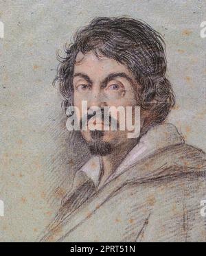 CARAVAGGIO (1571-1610) peintre italien en dessin à la craie par Ottavio Leoni Banque D'Images