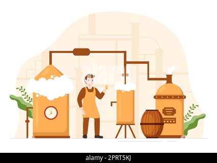 Procédé de production de la brasserie avec réservoir de bière et bouteille plein de boisson alcoolisée pour fermentation en dessin animé à la main dessins à la main Illustration Banque D'Images