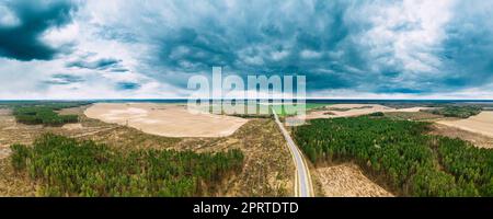 Vue aérienne de la route à travers la zone de déforestation Paysage. Forêt de pins verts dans la zone de déforestation. Vue de dessus du paysage de champ et de forêt. Vue de drone. Vue plongeante. Banque D'Images