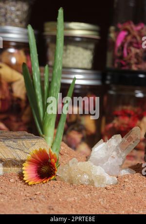 Fleur avec des rochers de pyrite et des cristaux de Chakra sur le sable rouge australien Banque D'Images