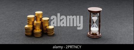 Tas de pièces de monnaie et de sablier sur fond sombre 3D rendu Illustration, argent et temps concept de comparaison Banque D'Images
