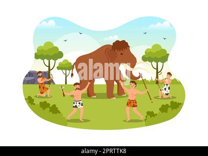 Tribes de l'âge de pierre préhistorique chasse de grands animaux avec arme dans un dessin à la main de dessin de dessin à plat Illustration Banque D'Images