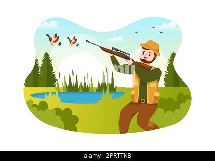 Chasseur avec fusil de chasse ou arme de tir à des oiseaux ou des animaux dans la forêt sur un dessin à la main de dessin plat de dessin Illustration Banque D'Images