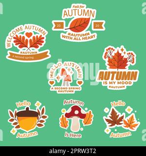 Jeu d'autocollants d'éléments d'automne, de champignons, de feuilles Illustration de Vecteur