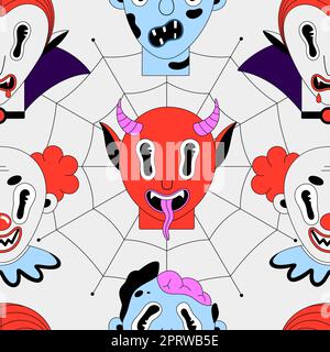 Motif Halloween sans coutures. Personnages effrayants et colorés sur fond blanc. Vampire Dracula, clown, diable, zombie. Portraits effrayants de dessins animés. Noir oul Banque D'Images