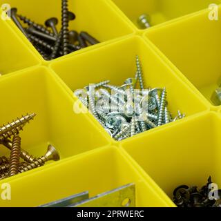 Diverses vis métalliques dans des récipients en plastique jaune séparés. Banque D'Images