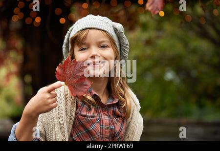 Regardez à quel point il est beau. Portrait d'une petite fille adorable tenant un shes de feuilles d'automne trouvé dans le jardin Banque D'Images