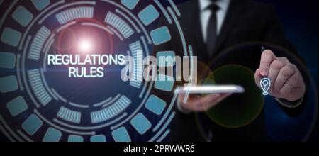 Règlement sur l'affichage conceptuel règles Énoncé de la norme la procédure régit le contrôle d'une conduite. Énoncé des normes sur les idées commerciales la procédure régit le contrôle d'une conduite Banque D'Images