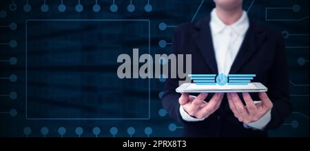 Homme d'affaires présentant de nouvelles technologies futuristes. Banque D'Images