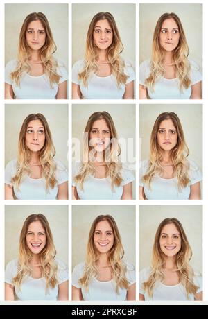 Balancer dans les humeurs. Photo composite d'une jeune femme qui fait différentes expressions du visage en studio Banque D'Images