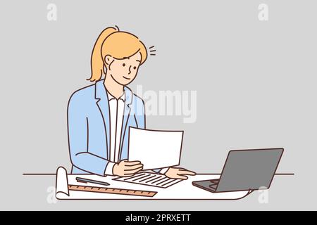 Femme d'affaires travaillant sur un ordinateur portable au bureau. Femme architecte ou ingénieur développant un plan d'action occupé sur ordinateur. Illustration vectorielle. Banque D'Images