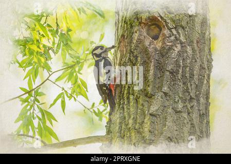 Un tableau d'aquarelle numérique d'un grand pic tacheté, Dendrocopos Major nourrissant un naissant dans le nid. Banque D'Images