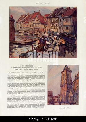 Une histoire à propos de quelques vue d'Alsace. Texte de Hansi, aquarelles de Henry Cheffer. Page 1. Colmar 1929. Banque D'Images