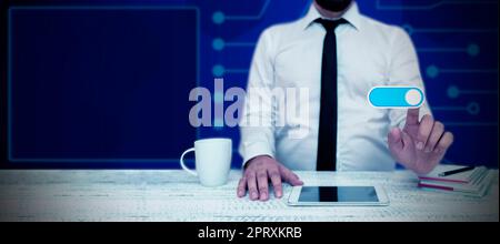 Homme d'affaires présentant de nouvelles technologies futuristes. Banque D'Images