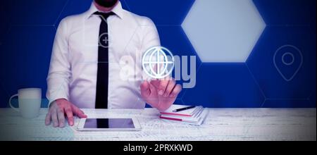 Homme d'affaires présentant de nouvelles technologies futuristes. Banque D'Images