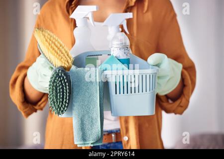 Nettoyant, fournitures de nettoyage et prêt à commencer le travail, préparez-vous au travail et à l'hygiène avec une brosse, des bouteilles et des détergents liquides. Domestique, femme et fémal Banque D'Images