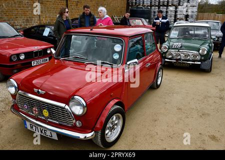 Mini sur l'affichage statique au crochet de réunion de voiture classique Norton Oxfordshire Angleterre royaume-uni 23 avril 2023 Banque D'Images