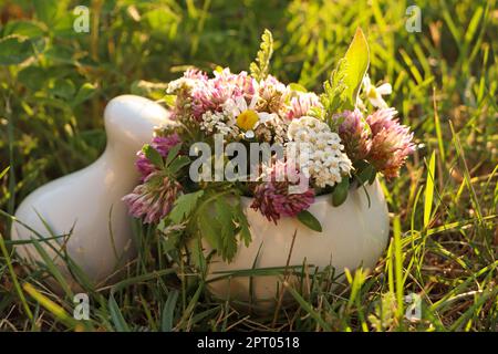 Mortier en céramique avec pilon, différentes fleurs sauvages et herbes vertes herbe à l'extérieur, gros plan Banque D'Images