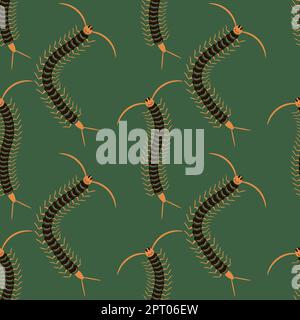 Crachoir noir Scolopendra isolé sur fond vert. Motif sans couture Giant Sentipede Animal Icon. Illustration de Vecteur