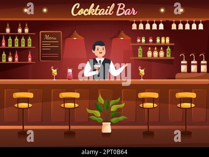 Cocktail Bar ou boîte de nuit avec des amis qui se pressent avec des jus de fruits alcoolisés ou des cocktails sur l'illustration du modèle de dessin animé à la main Banque D'Images