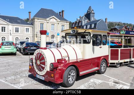 Étretat, est une, commune, en Seine-Maritime, département, en Normandie, Normandie, région de, Nord-Ouest de la France. France,Français,Europe,européen,Étretat, est mieux, connu, pour ses falaises de craie, Comprenant trois arches naturelles et une formation pointue appelée l'aiguille, qui s'élève à 70 mètres (230 pieds) au-dessus de la mer. Le complexe de craie d'Etretat, comme on le sait, consiste en une stratigraphie complexe de craies turoniennes et coniaciennes. Certaines des falaises sont à 90 mètres (300 pieds)deux des trois arches célèbres sont visibles de la ville, la porte d'aval et la porte d'amont. Banque D'Images