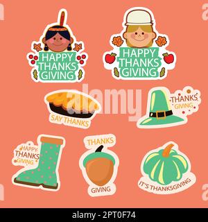 Ensemble de jolis autocollants colorés pour le jour de Thanksgiving Illustration de Vecteur