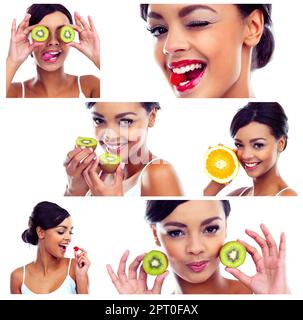 La bonté des agrumes. Image composite d'une jeune femme attrayante posant avec divers fruits Banque D'Images