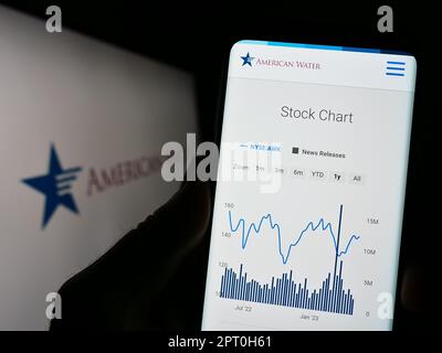 Personne tenant un téléphone cellulaire avec la page Web d'American Water Works Company Inc. À l'écran devant le logo d'affaires. Concentrez-vous sur le centre de l'écran du téléphone. Banque D'Images