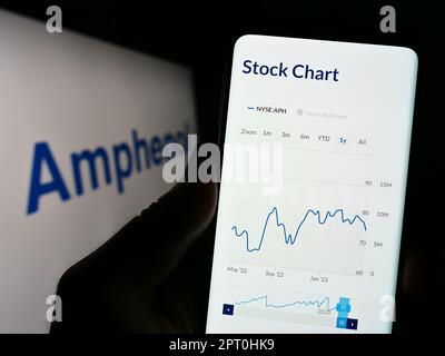 Personne tenant un smartphone avec le site Web de la société américaine d'électronique Amphenol Corporation à l'écran avec le logo. Concentrez-vous sur le centre de l'écran du téléphone. Banque D'Images