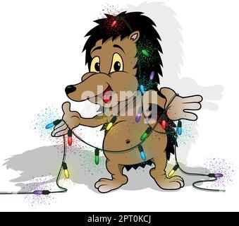Adorable hérisson avec lumières de Noël colorées Illustration de Vecteur