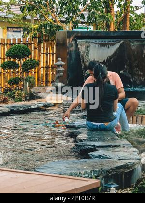 KANCHANABURI -THAÏLANDE, 30 MARS 2023 : touristes non identifiés viennent visiter et nourrir koi ou carpe fantaisie dans un petit étang avec beau jardin décoré Banque D'Images