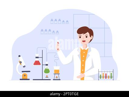 Laboratorium avec réalisation de la recherche scientifique, l'expérimentation et la mesure dans un laboratoire en dessin à plat dessin à la main modèles Illustration Banque D'Images