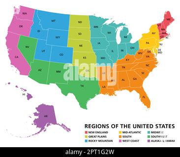 Régions des États-Unis d'Amérique, carte politique Illustration de Vecteur