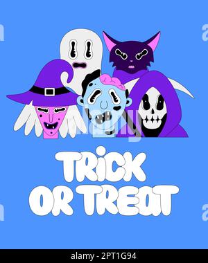 Fête d'Halloween. Personnages fantaisie colorés sur fond bleu. Sorcière, zombie, sinistre couche, fantôme, chat. Lettrage Trick ou Treat. Portraits effrayants de dessins animés. Affiche, imprimé sur des vêtements, carte postale Illustration de Vecteur
