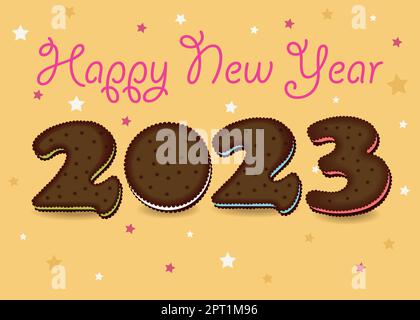 Bonne année 2023. Nombre de bruns artistiques comme biscuits au chocolat avec de la crème colorée. Fond jaune avec confetti. Texte de message d'accueil rose crème. Illustration vectorielle Illustration de Vecteur
