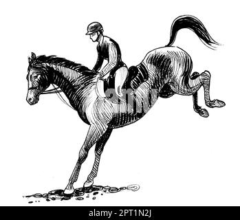 Jockey à cheval sur une compétition de dressage. Encre tirée à la main sur papier dessin noir et blanc Banque D'Images