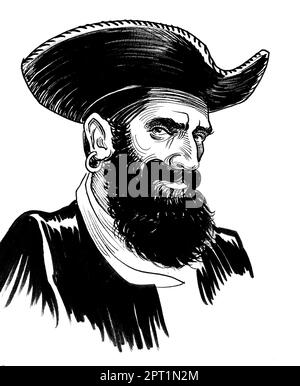 Personnage du capitaine pirate. Dessin noir et blanc Banque D'Images