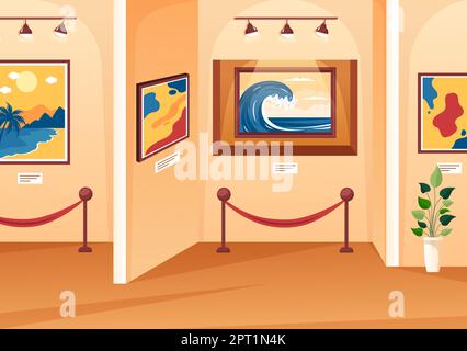Galerie d'art sur le Musée d'exposition visiteurs en visitant des peintures abstraites modernes à contemporain et photo en dessin-modèle de main de dessin-modèle plat Illustration de Vecteur