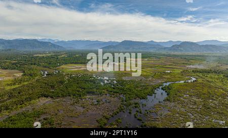 Terres agricoles et montagnes au ciel bleu. Sumatra. Indonésie. Banque D'Images