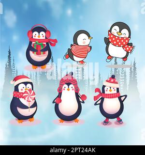 Pingouins personnages pingouins de noël en vecteur d'hiver Illustration de Vecteur