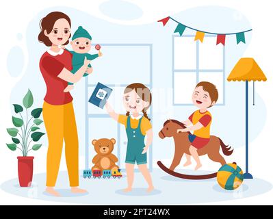 Baby-sitter ou Nanny Services pour le soin de fournir pour les besoins de bébé et jouer avec les enfants sur le dessin à la main de dessin animé de dessin animé de dessin animé à la main Illustration Illustration de Vecteur